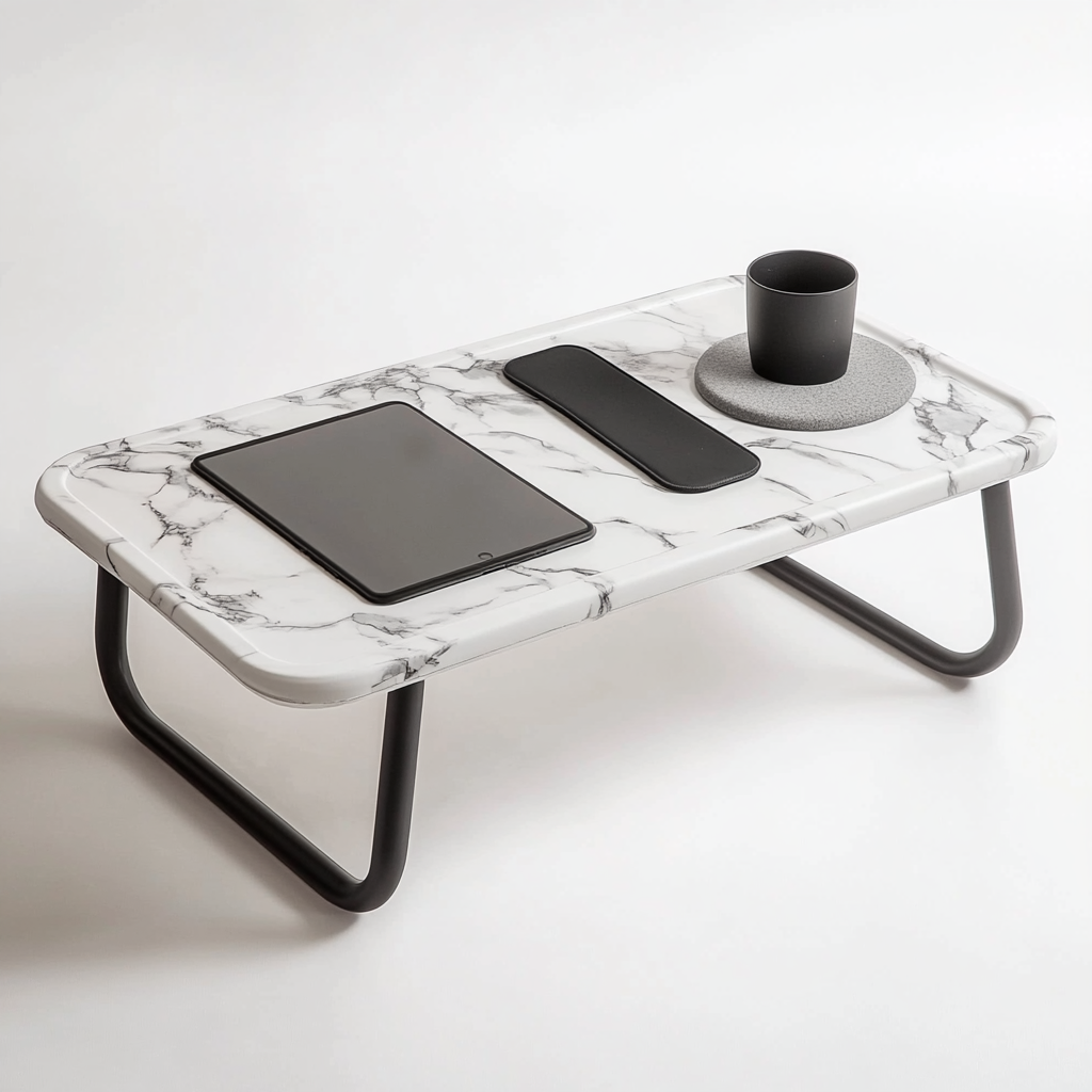 Tavic Portable Bed Table for Laptop & Tablet - Built-in Cup Holder & Device Slot - Lightweight Folding Desk for Couch, Floor & Bed - Marble White