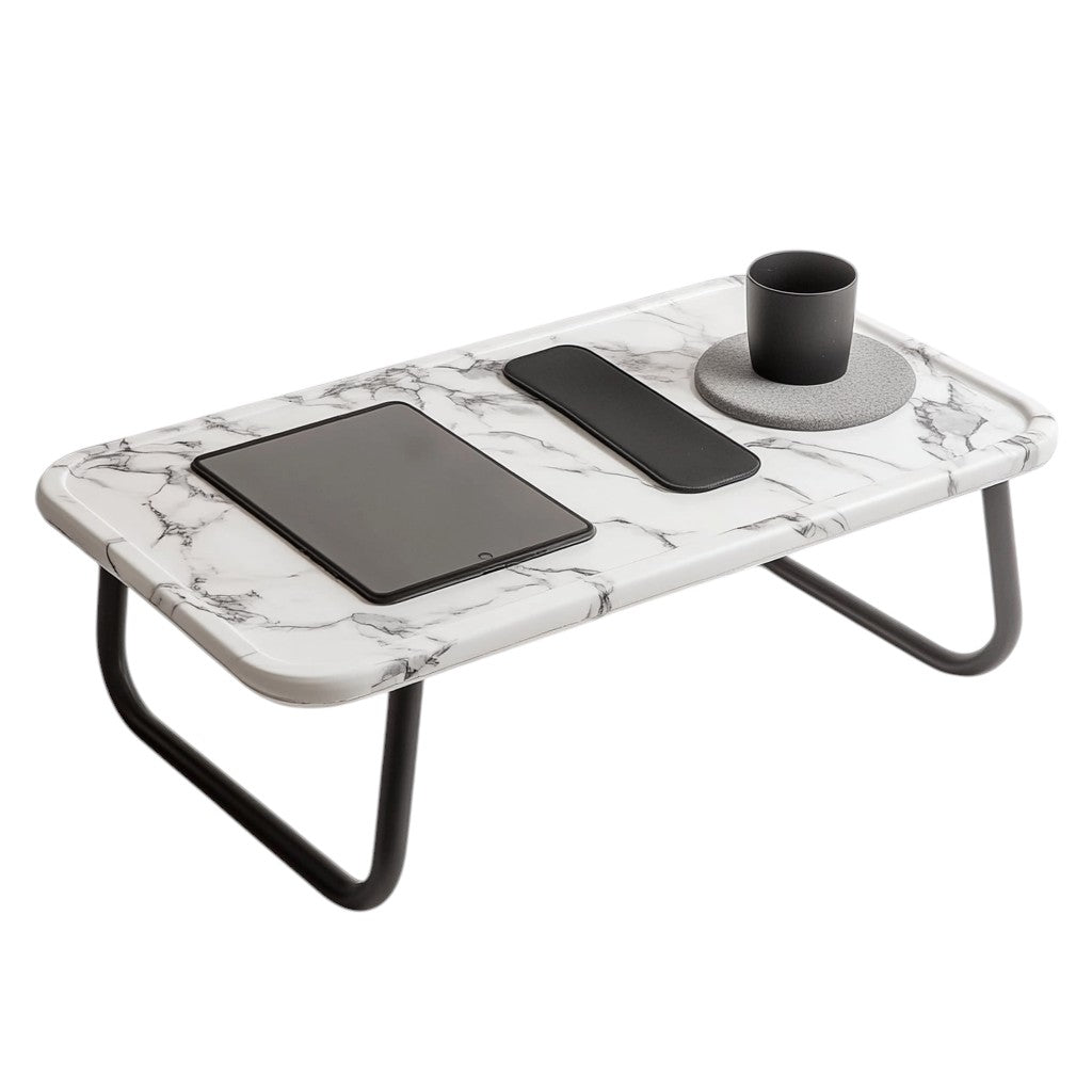 Tavic Portable Bed Table for Laptop & Tablet - Built-in Cup Holder & Device Slot - Lightweight Folding Desk for Couch, Floor & Bed - Marble White