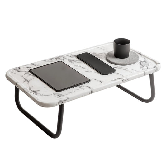 Tavic Portable Bed Table for Laptop & Tablet - Built-in Cup Holder & Device Slot - Lightweight Folding Desk for Couch, Floor & Bed - Marble White