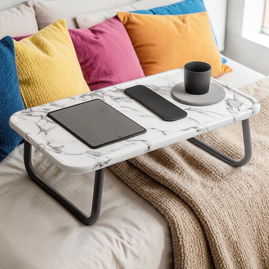Tavic Portable Bed Table for Laptop & Tablet - Built-in Cup Holder & Device Slot - Lightweight Folding Desk for Couch, Floor & Bed - Marble White