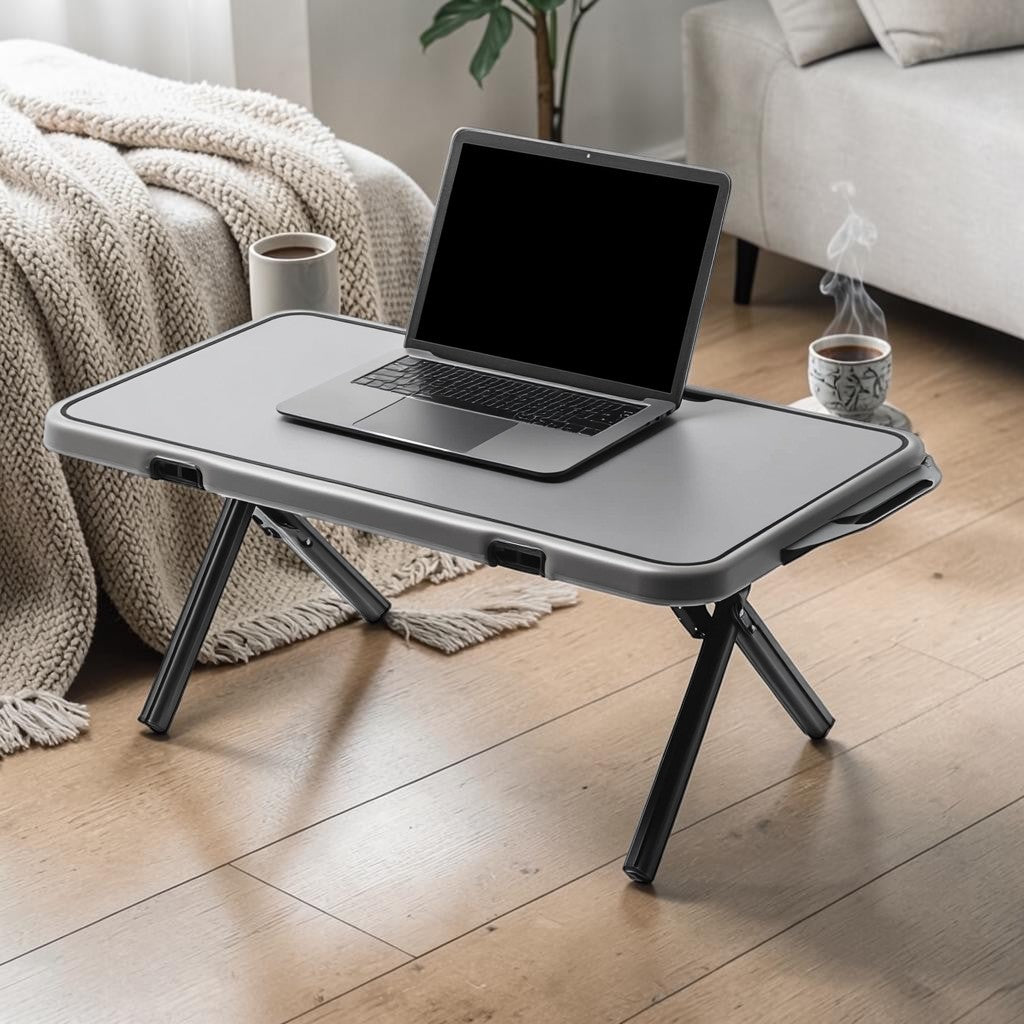Tavic Laptop Bed Tray Table - Large Foldable Aluminum Desk with Cooling Fan Vent - Ergonomic Curved Edge for Home Office & Study - Space Grey